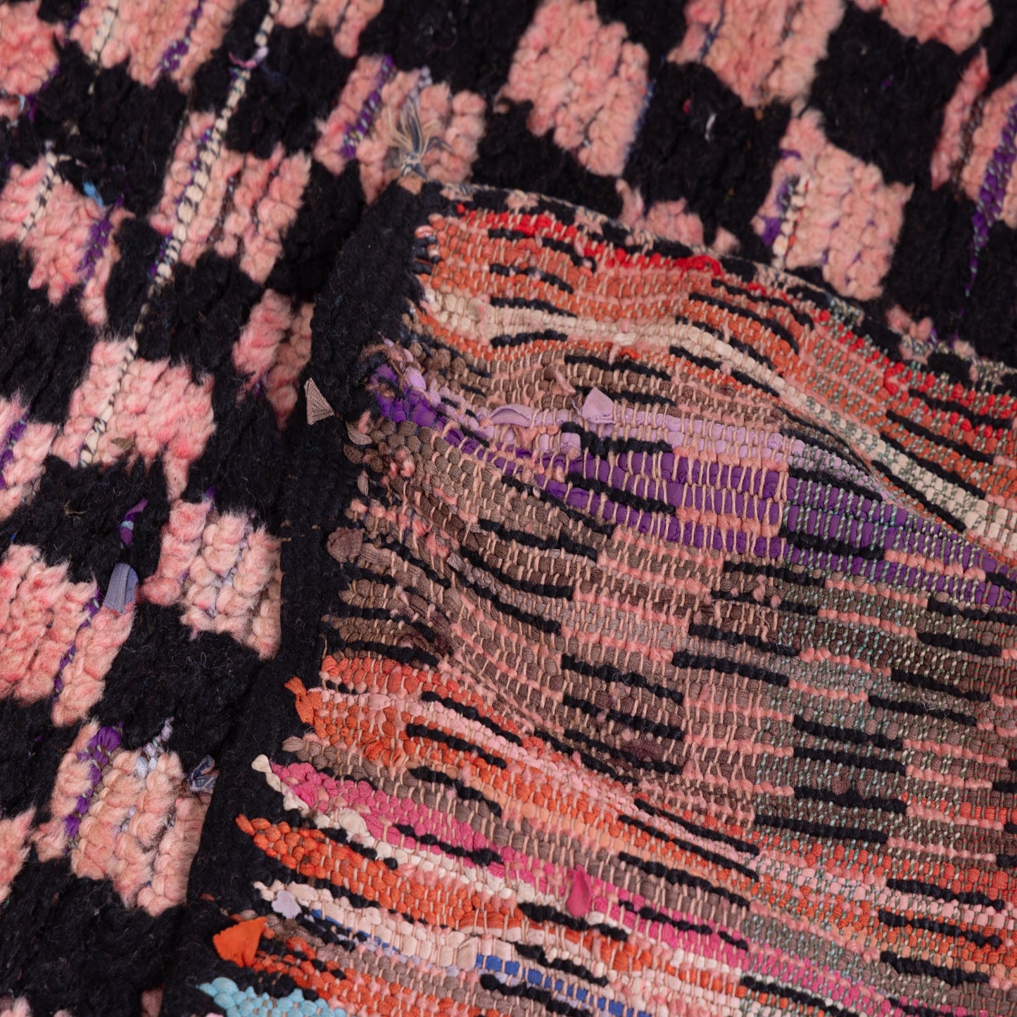 Vintage Moroccan Boucherouite Rug – Black & Pink Checkerboard Pattern – Handmade Berber Carpet