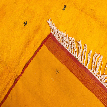 Handwoven Taznakht Moroccan Rug – Golden Yellow Berber Wool Carpet with Minimalist Symbols – 70% Wool, 30% Cotton – Luxurious Bohemian Decor ; 9,68 ft / 9,19 ft