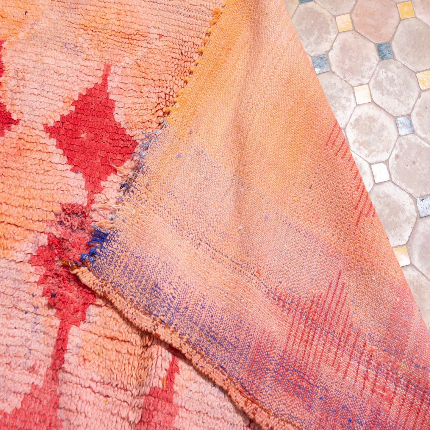 Vintage Moroccan Bjaad Rug – Handwoven Wool Rug in Fiery Red & Earthy Orange with Geometric Berber Patterns