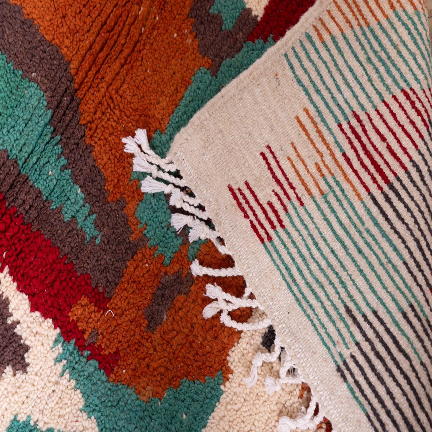 Earth-Toned Boujad Rug – New Moroccan Wool Rug – Terracotta, Forest Green & Cream – Abstract Tribal Handwoven Wall Hanging