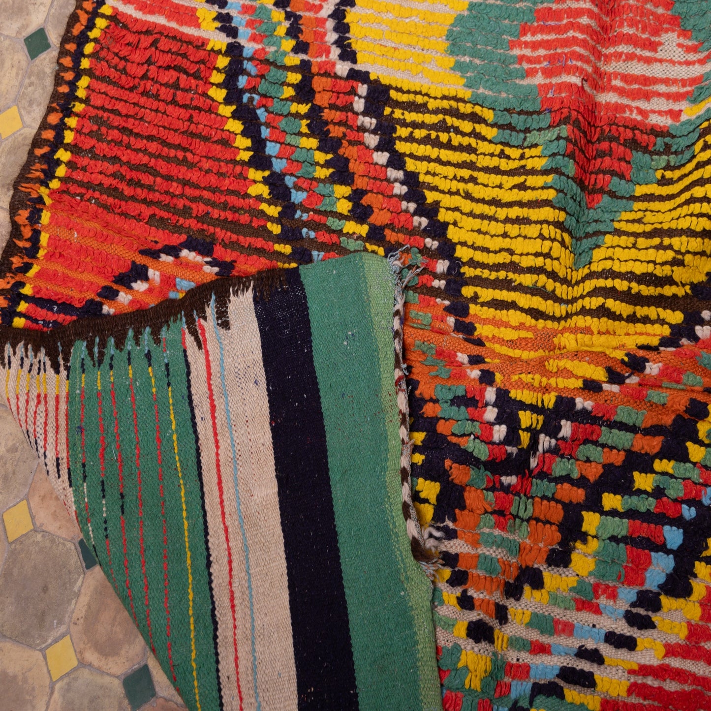 Vintage Moroccan Berber Rug – Handwoven Wool Boujad Carpet – Red, Green & Yellow Tribal Rug