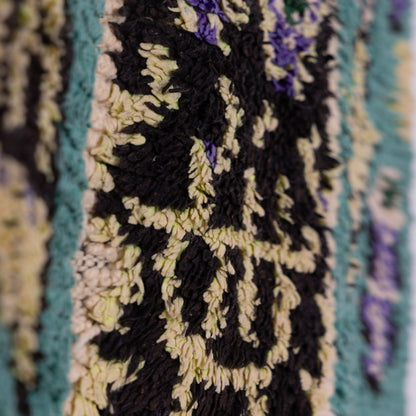Vintage Azilal Moroccan Rug - Small Tribal Wall Hanging - Handwoven Bohemian Wool Textile in Green & Purple