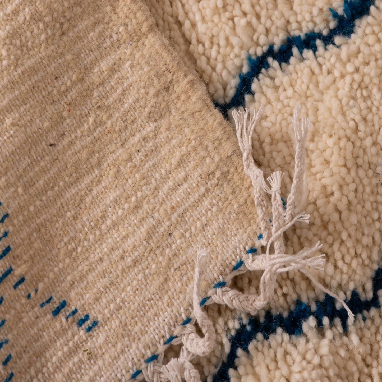 New Handmade Azilal Wool Rug - Blue Abstract Design on Cream - Modern Bohemian Wall or Floor Decor
