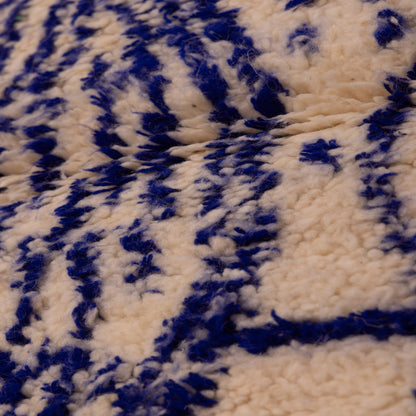 New Handmade Azilal Wool Rug - Abstract Blue Design on Cream - Contemporary Tribal Art for Floor or Wall
