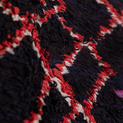Night Weave” – Vintage Moroccan Rug with Red Lattice on Black Wool