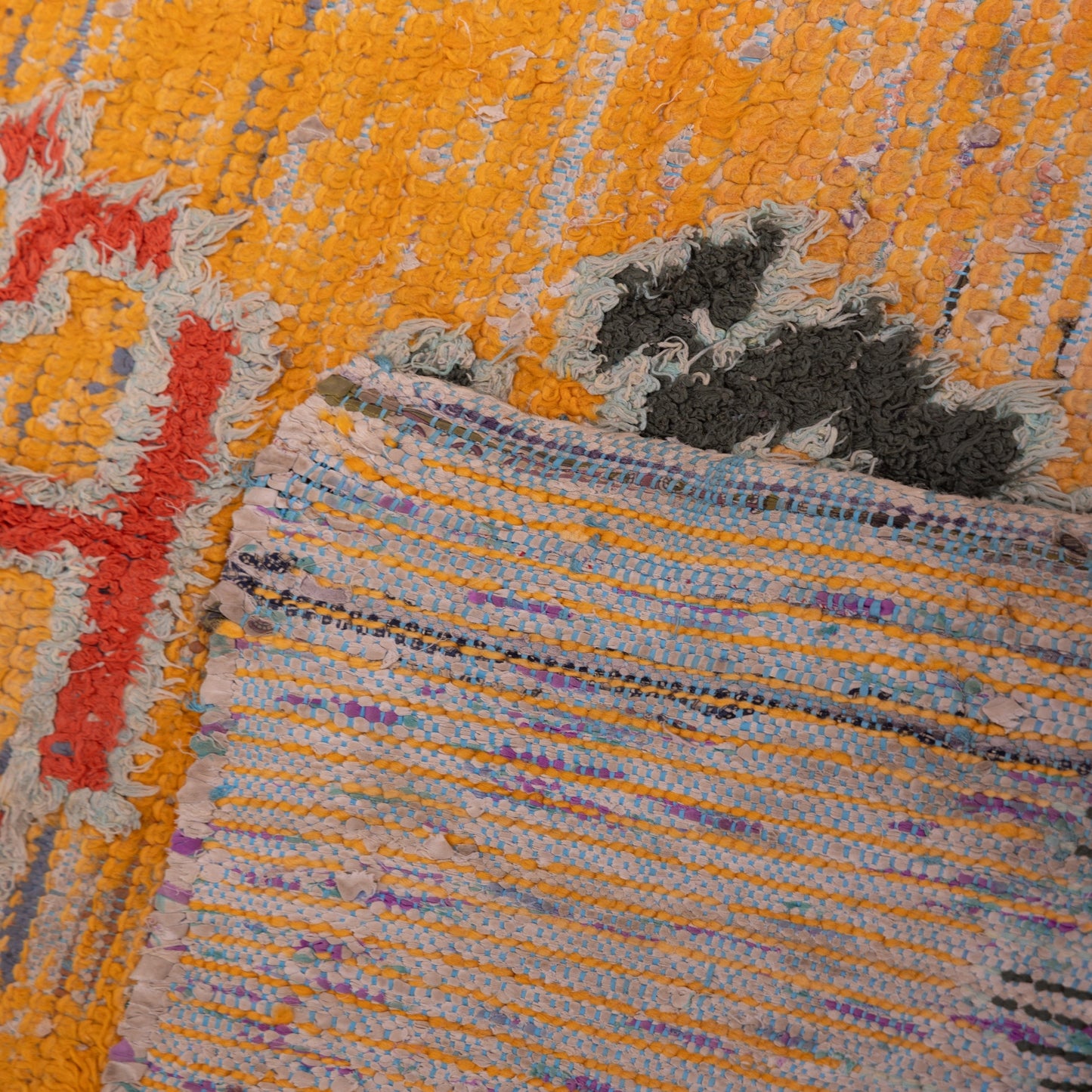 Vintage Moroccan Bjaad Rug – Handwoven Wool Tribal Runner – Authentic Berber Rug in Golden Yellow & Red