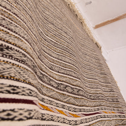 Large Vintage Moroccan Handira Wool Rug | Authentic Berber Striped Blanket | Handmade Tribal Textile ; 11,81 ft / 5,58 ft