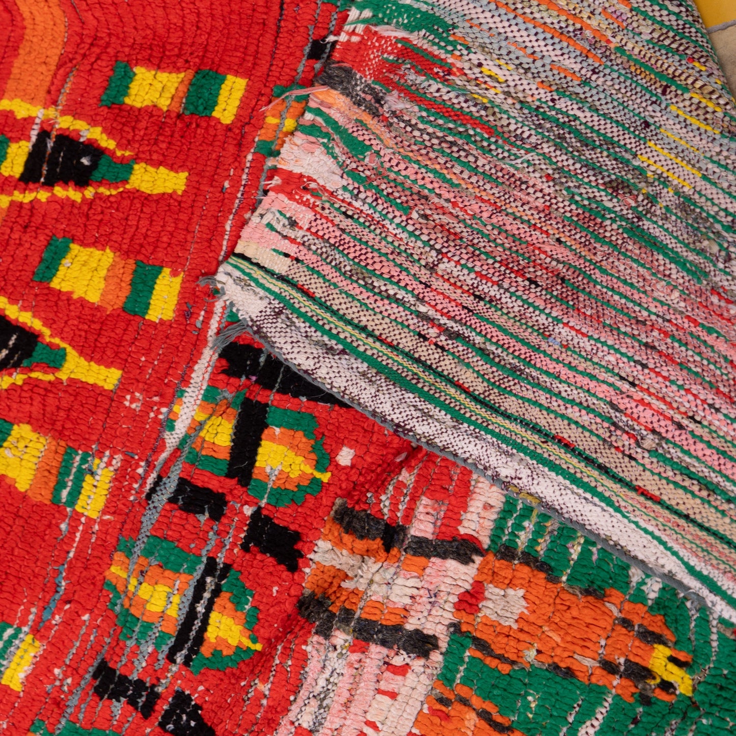 Vintage Moroccan Boujad Rug – Bold Geometric Patterns in Red, Green & Yellow – Handwoven Berber Wool