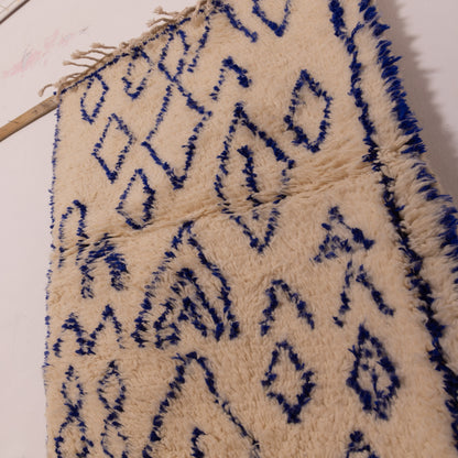 Blue Diamond Azilal Rug - Handwoven Wool & Cotton Moroccan Runner - Tribal Minimalist Berber Carpet