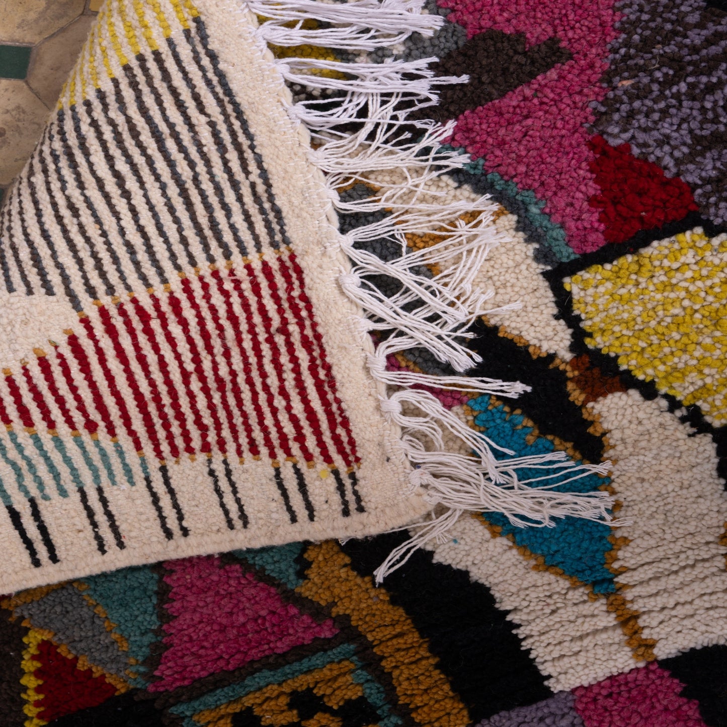 Handmade Moroccan Boujad Rug – Abstract Berber Wool Carpet, Boho Chic Area Rug, Multi-Color Geometric Design