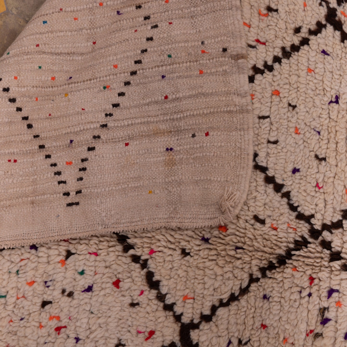 Vintage Azilal Rug with Diamond Lattice & Confetti Accents - Handwoven Wool Moroccan Carpet - Minimal Boho Style