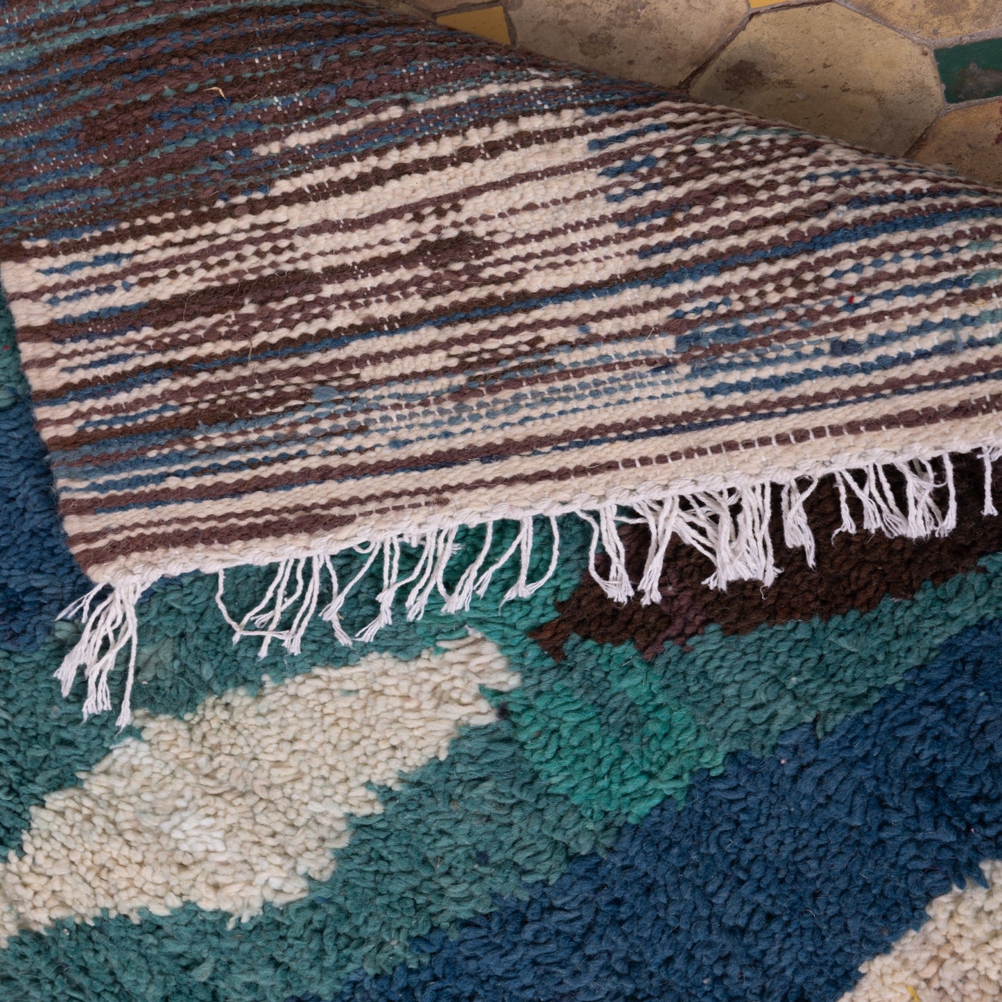 Handwoven Moroccan Boujad Rug – Contemporary Wool Berber Carpet, Boho Chic Area Rug, Blue & Earthy Tones, Unique Geometric Design