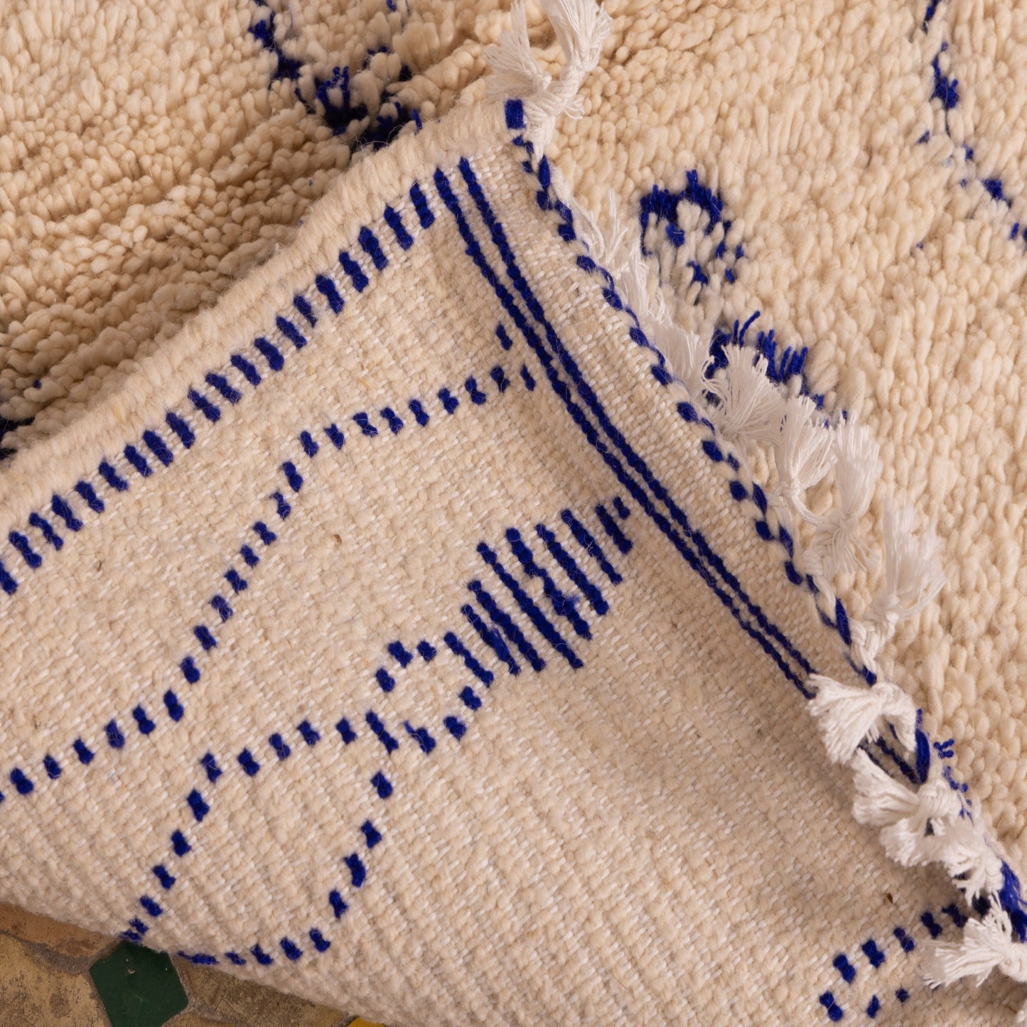 New Handmade Azilal Wool Rug - Abstract Blue Diamond Pattern on Cream - Moroccan Tribal Wall or Floor Decor