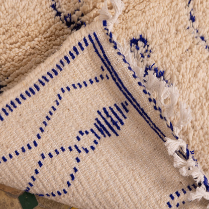 New Handmade Azilal Wool Rug - Abstract Blue Diamond Pattern on Cream - Moroccan Tribal Wall or Floor Decor