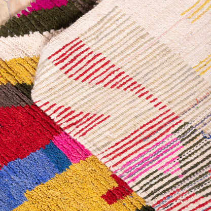 Abstract Boujad Rug – New Moroccan Wool Rug – Modern Berber Wall Art – Fuchsia, Green, Blue & Mustard – Handwoven Boho Accent Decor