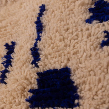 New Handmade Azilal Wool Rug - Bold Blue and Cream Tribal Design - Moroccan Accent for Wall or Floor