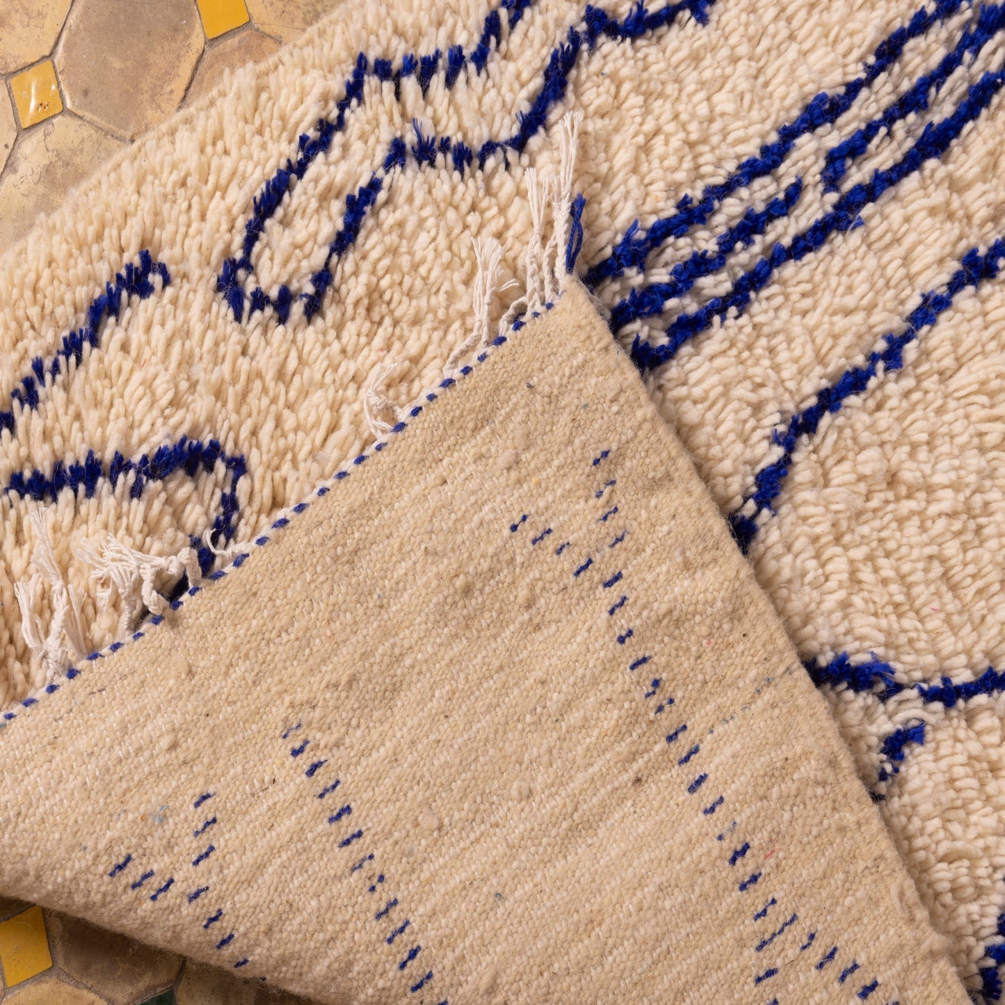 New Handmade Azilal Wool Rug - Blue Abstract Tribal Designs on Cream - Boho Moroccan Floor or Wall Decor