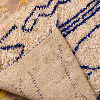 New Handmade Azilal Wool Rug - Blue Abstract Tribal Designs on Cream - Boho Moroccan Floor or Wall Decor