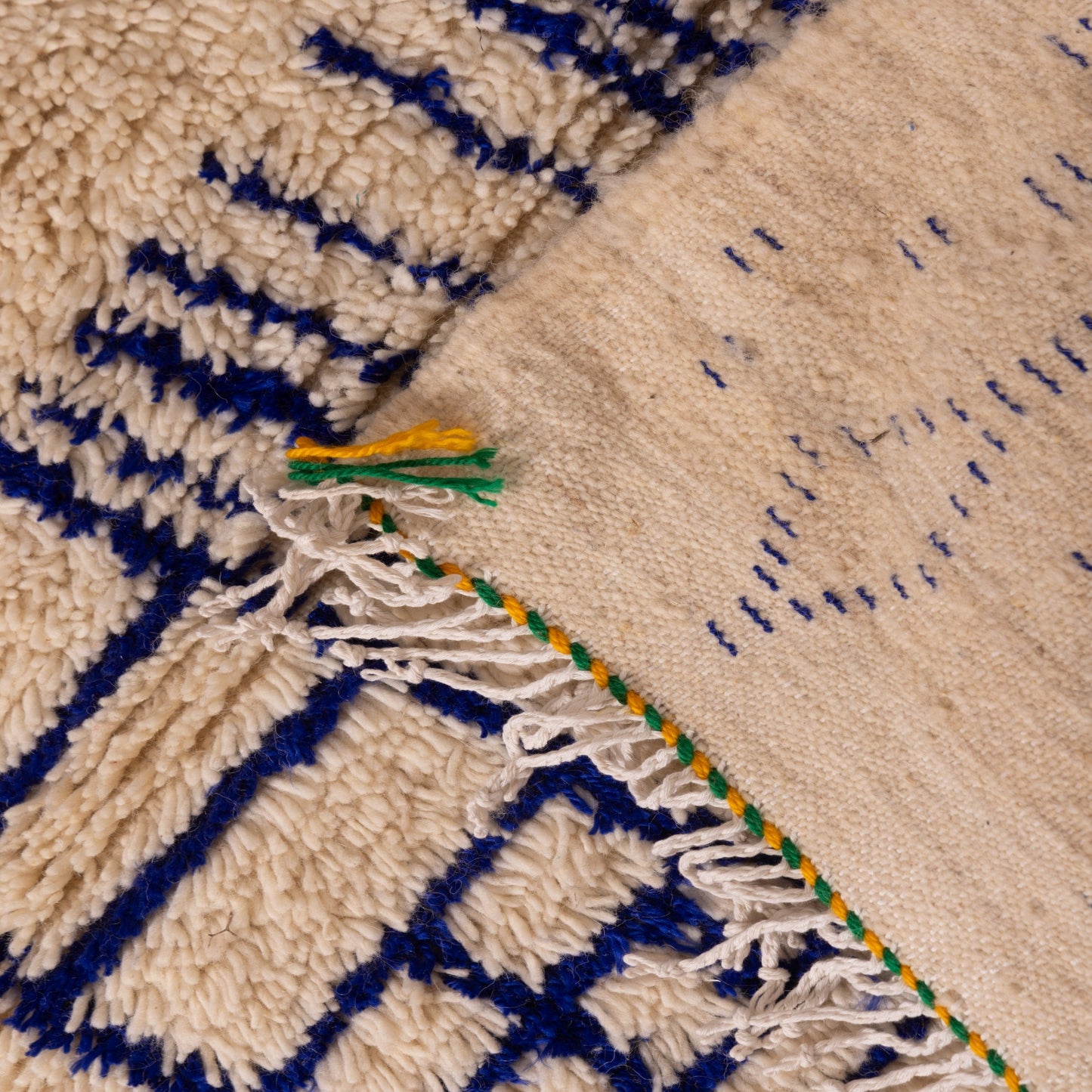 New Handmade Azilal Wool Rug - Blue Abstract Architecture Design on Cream - Modern Moroccan Tribal Decor