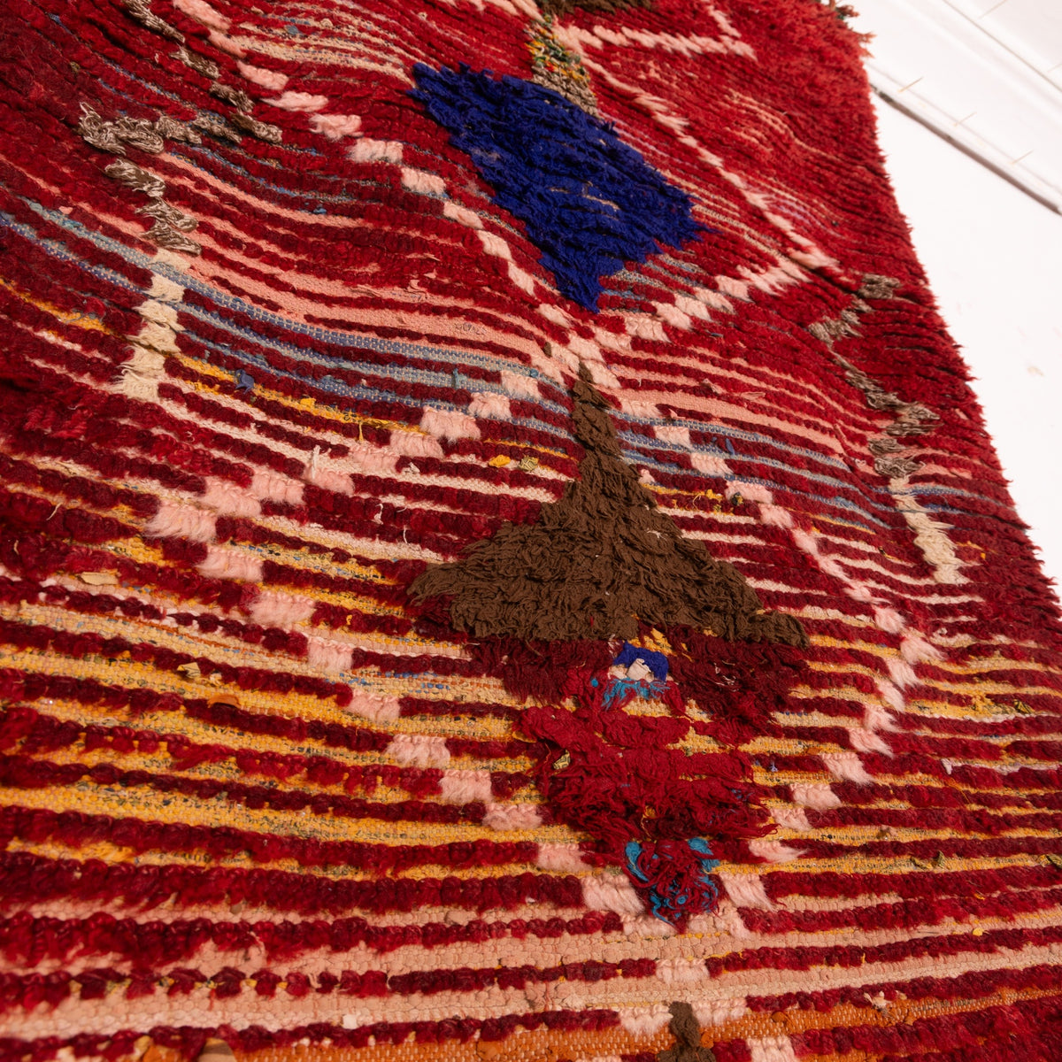 Vintage Moroccan Runner Rug - Deep Red Handwoven Wool with Diamond Tribal Motifs