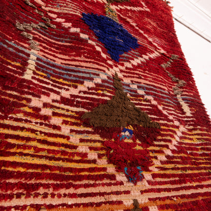 Vintage Moroccan Runner Rug - Deep Red Handwoven Wool with Diamond Tribal Motifs