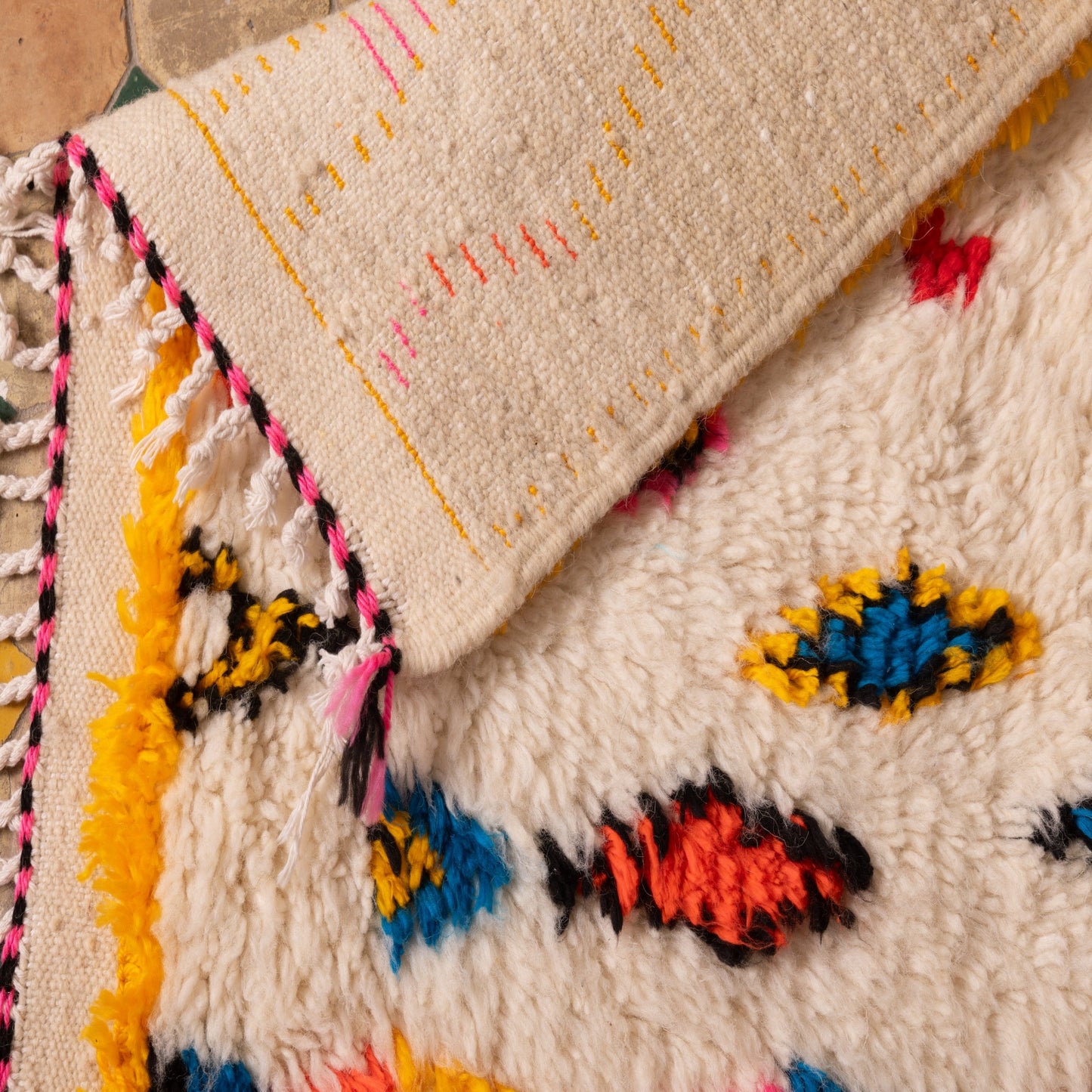 New Handmade Azilal Wool Rug - Vibrant Geometric Design with Yellow Border - Moroccan Tribal Decor for Wall or Floor