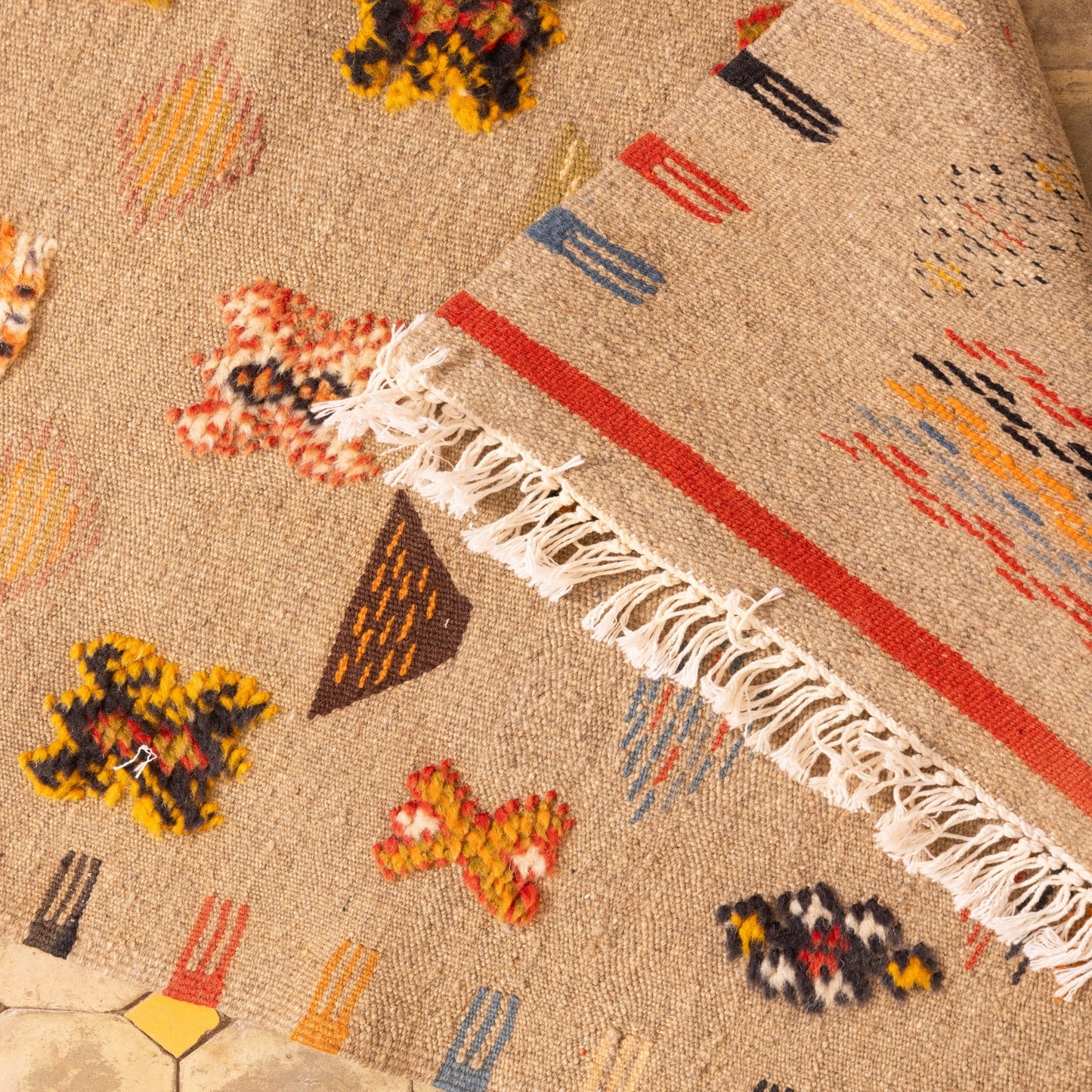 Moroccan Corridor Rug - Handwoven Runner - Tribal Motif Beige Base
