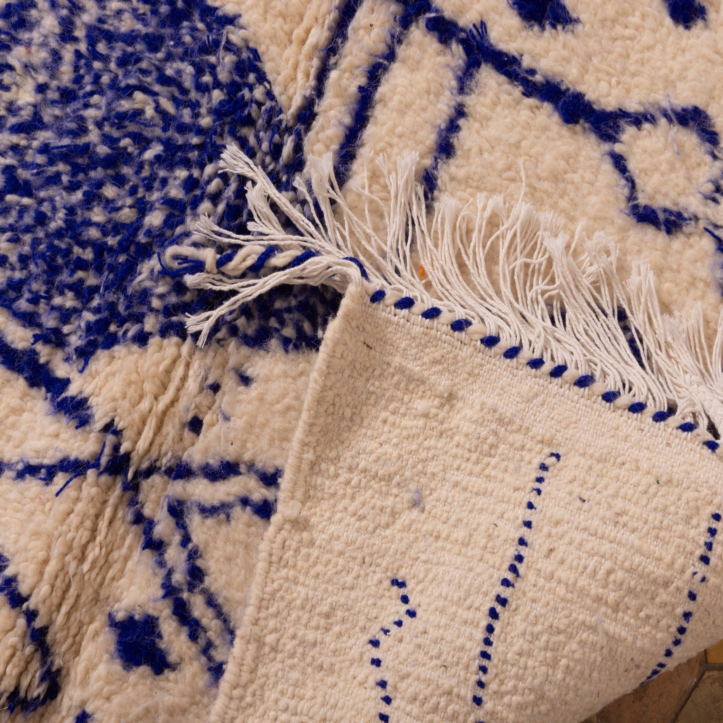 New Handmade Azilal Wool Rug - Blue Tribal Design on Cream - Moroccan Boho Wall Art or Floor Decor