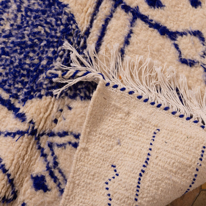 New Handmade Azilal Wool Rug - Blue Tribal Design on Cream - Moroccan Boho Wall Art or Floor Decor