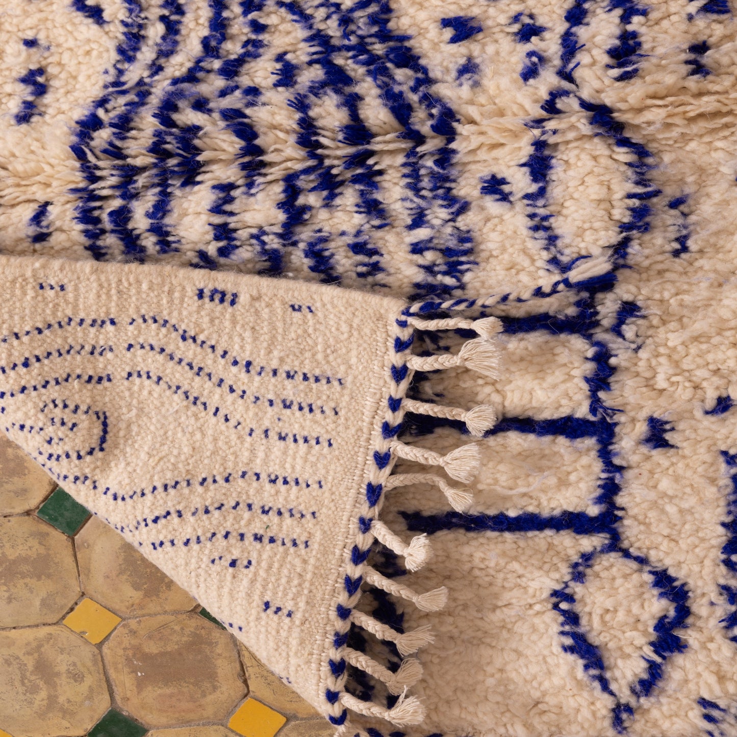 New Handmade Azilal Wool Rug - Abstract Blue Design on Cream - Contemporary Tribal Art for Floor or Wall
