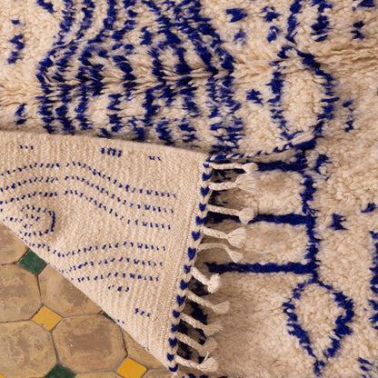 New Handmade Azilal Wool Rug - Abstract Blue Design on Cream - Contemporary Tribal Art for Floor or Wall