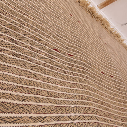 Authentic Vintage Moroccan Handira Rug | Beige Berber Striped Wool Blanket | Handwoven Bohemian Textile ;  10,99 ft / 6,23 ft