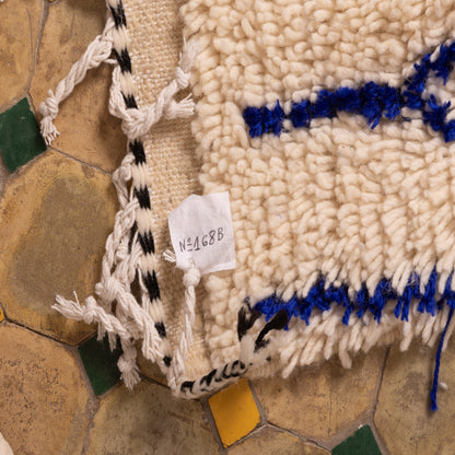 Small Azilal Wool Rug - Blue Geometric Moroccan Handmade Art - 80% Wool 20% Cotton - Mini Berber Wall or Floor Piece
