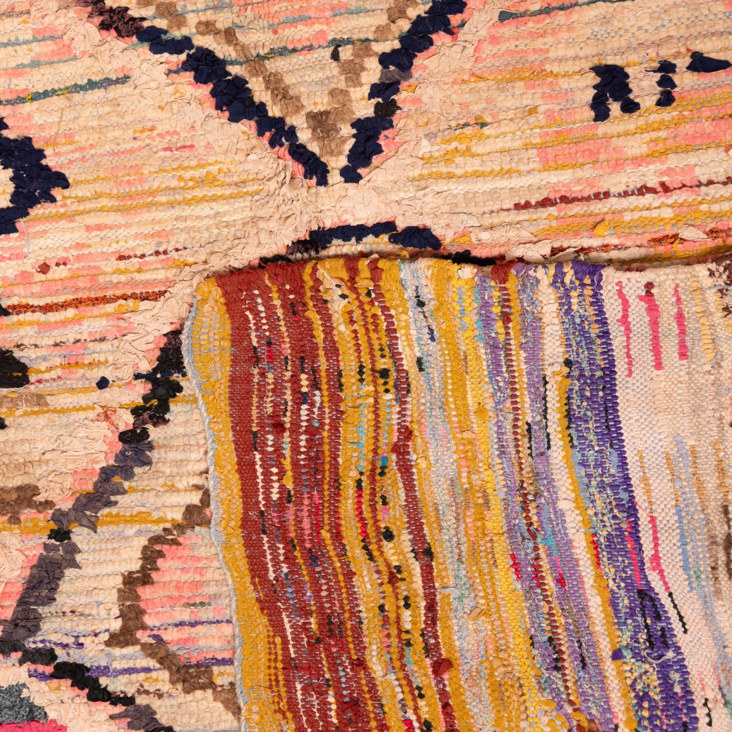 Vintage Moroccan Boucherouite Rug – Handwoven Berber Carpet with Abstract Tribal Patterns