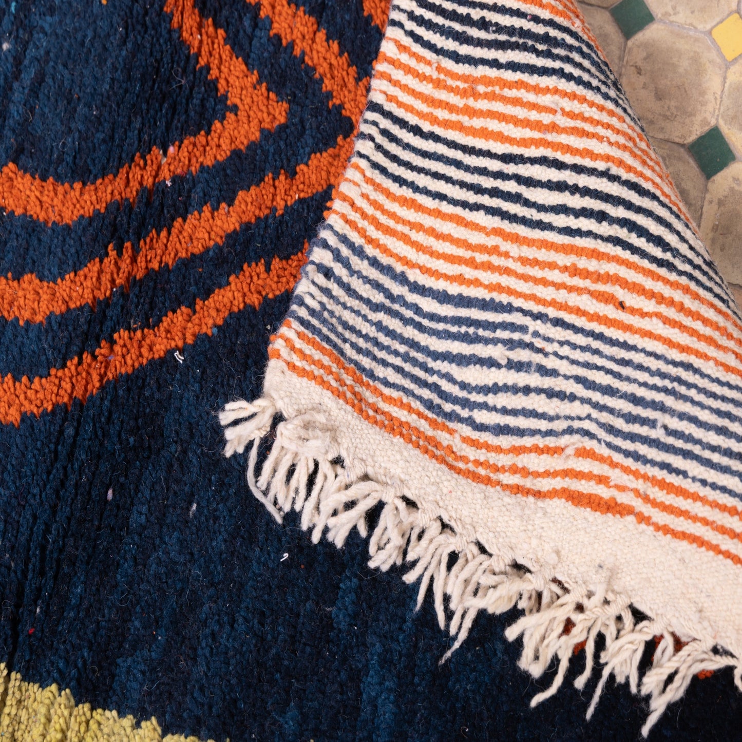 Modern Geometric Boujad Rug – New Moroccan Wool Rug – Indigo, Orange & Olive Wall Art – Minimalist Tribal Handwoven Decor