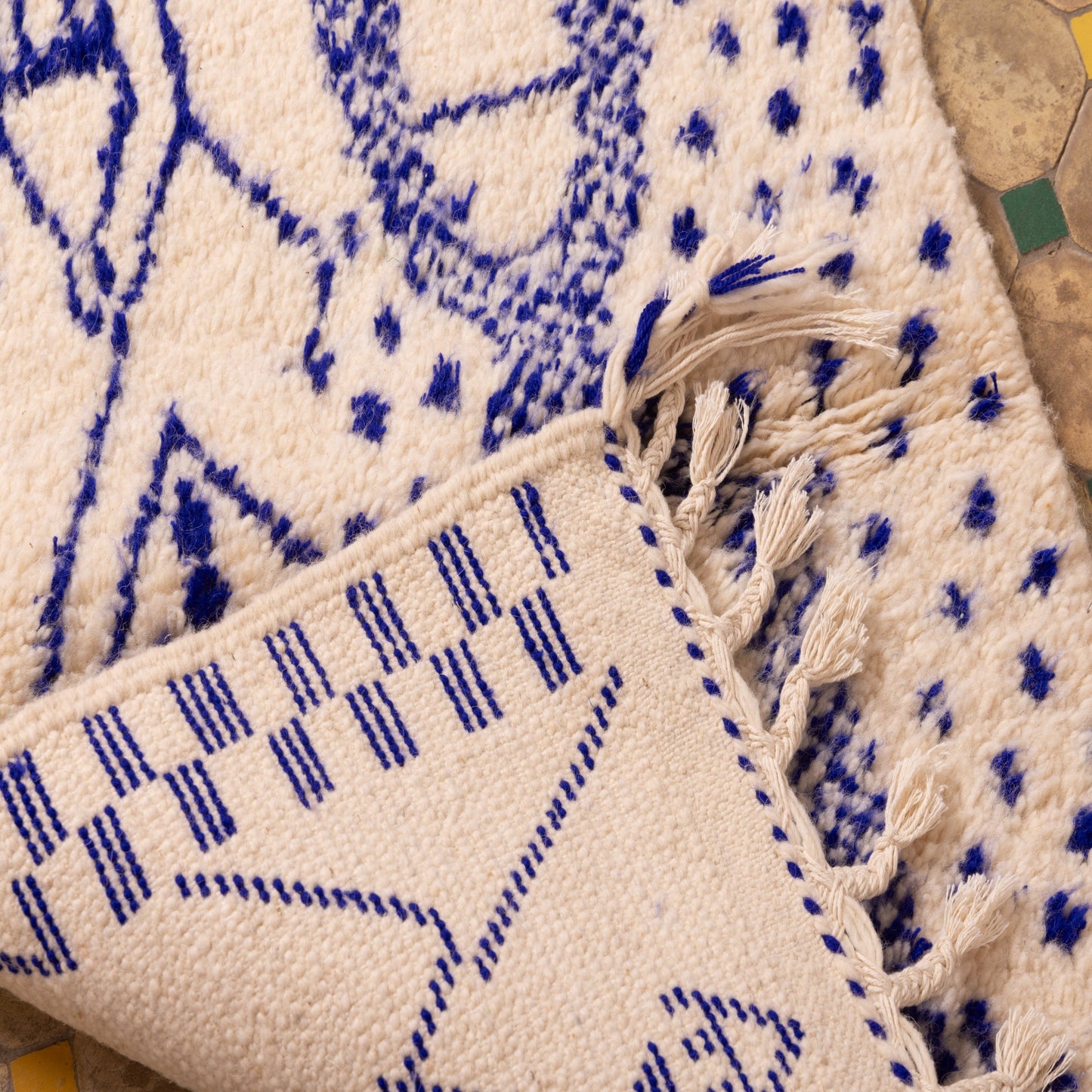 New Handmade Azilal Rug - Abstract Blue Berber Symbols on Cream - Modern Moroccan Tribal Decor for Wall or Floor
