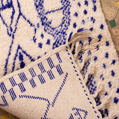 New Handmade Azilal Rug - Abstract Blue Berber Symbols on Cream - Modern Moroccan Tribal Decor for Wall or Floor