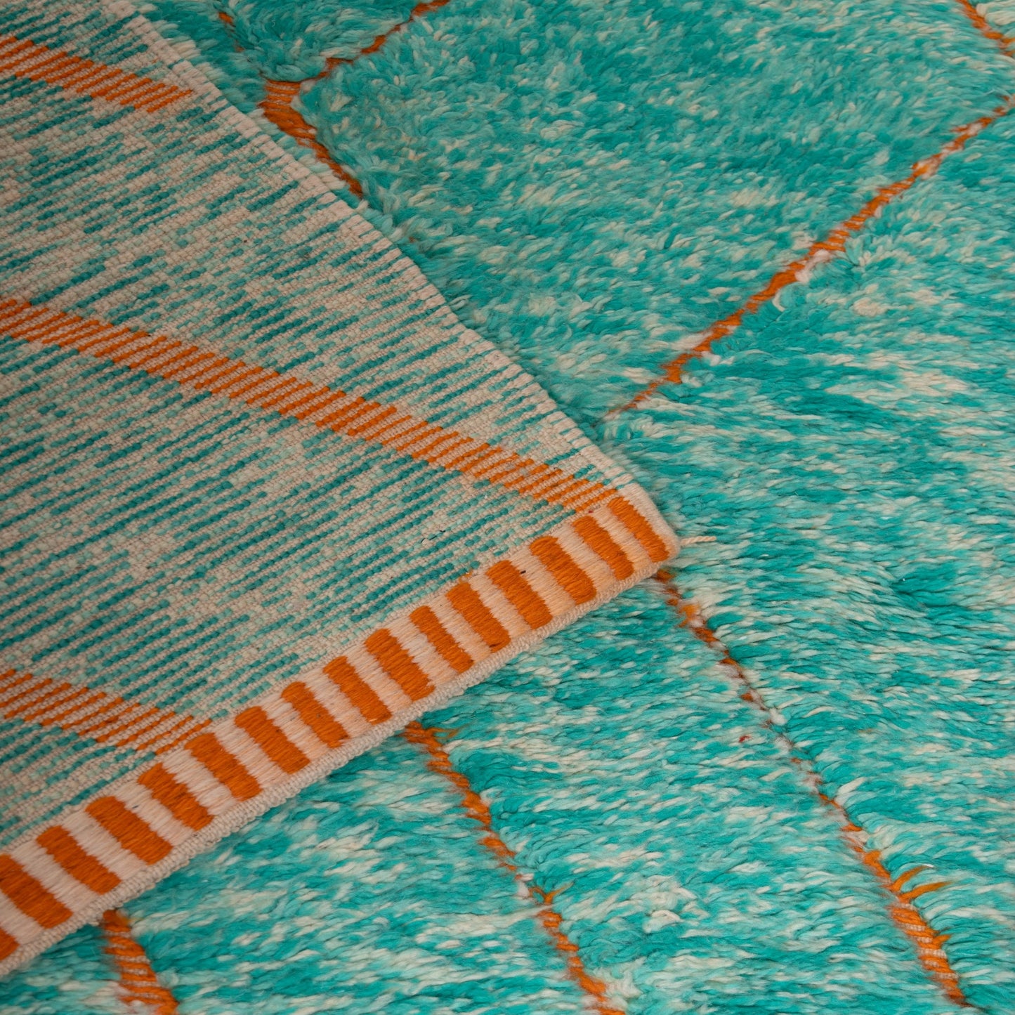 Handmade Mrirt Rug – 100% Wool Moroccan Berber Carpet – Vibrant Green & Orange Diamond Pattern Rug – Boho, Eclectic, & Modern Home Decor