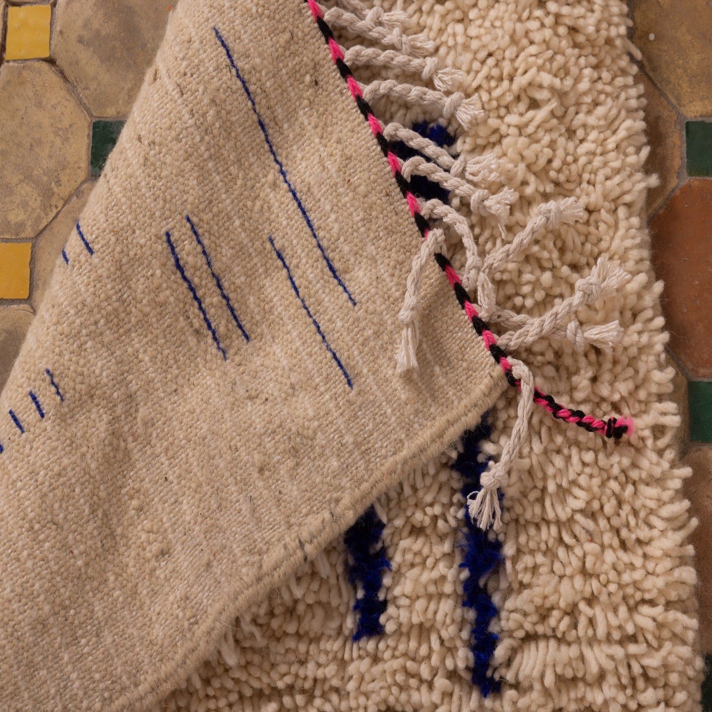New Handmade Azilal Wool Rug - Bold Blue and Cream Tribal Design - Moroccan Accent for Wall or Floor
