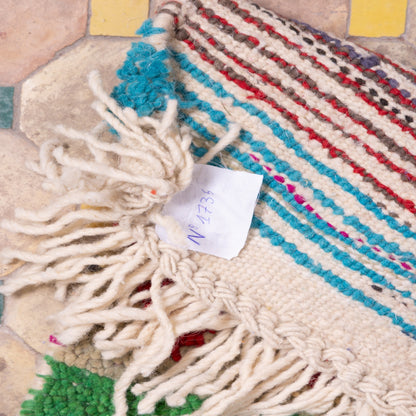 Abstract Boujad Rug – New Moroccan Wool Rug – Modern Berber Wall Art – Fuchsia, Green, Blue & Mustard – Handwoven Boho Accent Decor