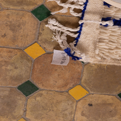 New Handmade Azilal Wool Rug - Blue Abstract Architecture Design on Cream - Modern Moroccan Tribal Decor