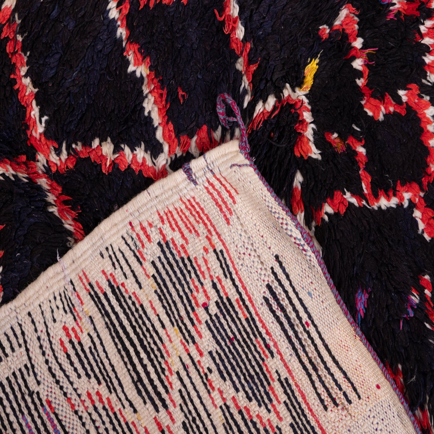 Night Weave” – Vintage Moroccan Rug with Red Lattice on Black Wool