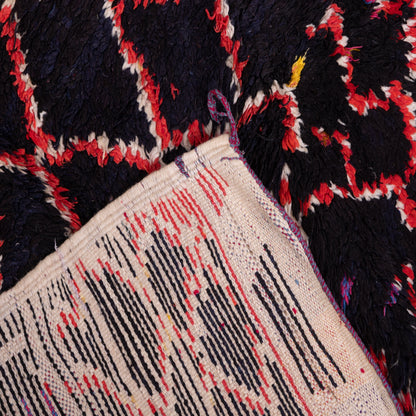Night Weave” – Vintage Moroccan Rug with Red Lattice on Black Wool