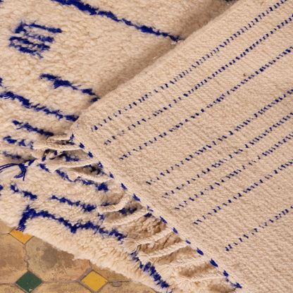 New Handmade Azilal Wool Rug - Abstract Blue Moroccan Design on Cream - Modern Tribal Wall Art or Floor Rug