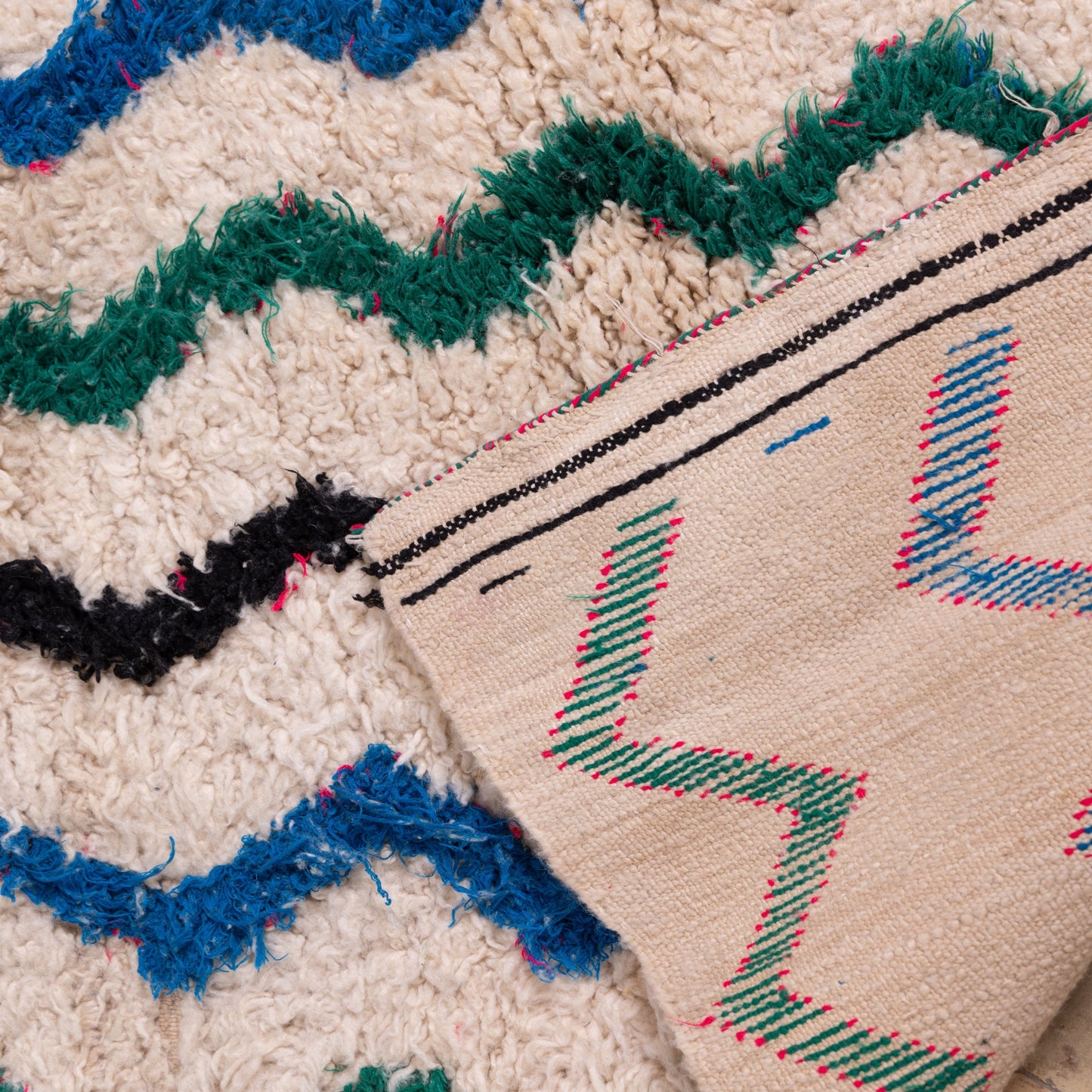 Vintage Azilal Moroccan Rug - Handwoven Wool Runner with Zigzag Pattern - Cream, Green, Blue & Black Berber Carpet