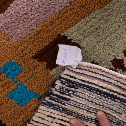 Geometric Village Boujad Rug – New Moroccan Wool Rug – Earth Tones & Sky Blue Abstract Design – Berber Handwoven Wall Hanging
