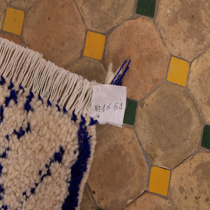 New Handmade Azilal Wool Rug - Abstract Blue Diamond Pattern on Cream - Moroccan Tribal Wall or Floor Decor
