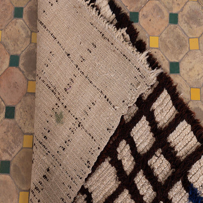 Moroccan Azilal Wool Rug with Blue Accent - Handwoven Checkered Vintage Berber Runner