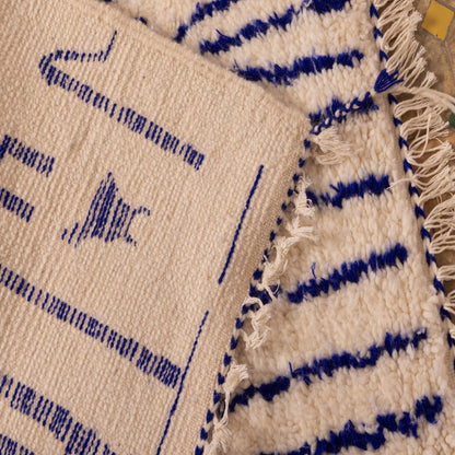 New Handmade Azilal Wool Rug - Abstract Blue Design on Cream - Modern Moroccan Tribal Art for Floor or Wall