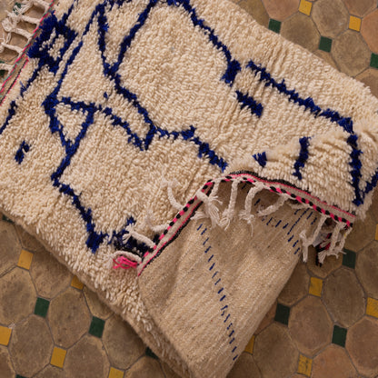New Handmade Azilal Wool Rug - Abstract Blue Figures on Cream - Moroccan Tribal Decor for Floor or Wall